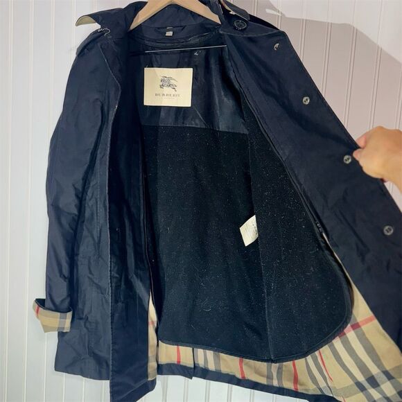 Burberry Navy Trench Coat US 4 Wool Zip Liner Removable Hood Nova Check Lining - Picture 5 of 10